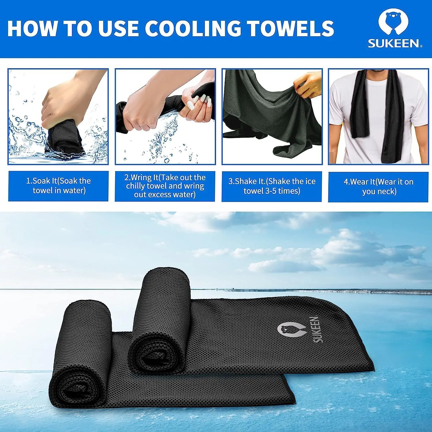 Sukeen 4Pack Cooling Towel (40"x12") for Neck and Face, Soft & Breathable Chilly Sports Towel, Quick-Drying Sweat Absorbing Cooling Neck Wraps with Cooling Tech. for Yoga, Sport, Running, Workout