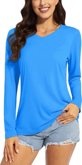 TACVASEN Women's Long Sleeve V Neck Workout Tops UPF 50  Sun Protection Quick Dry Lightweight Hiking Running T-Shirts