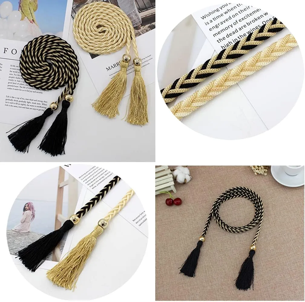 Women Girls Braided Knotted Waist Belt Skinny Mixed Color Rope Exotic Chain Tassel for Dress Skirt