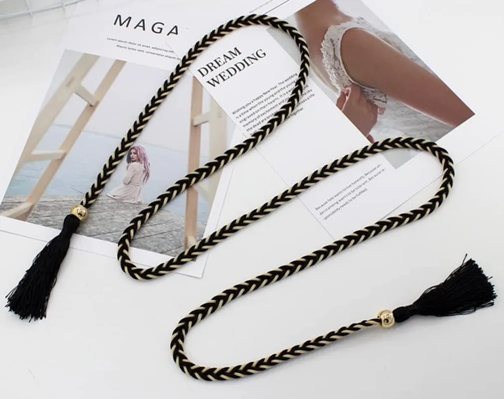 Women Girls Braided Knotted Waist Belt Skinny Mixed Color Rope Exotic Chain Tassel for Dress Skirt