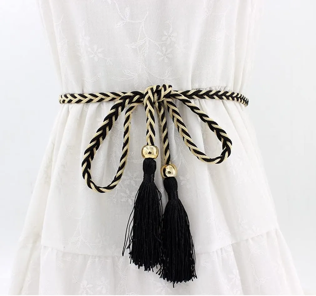 Women Girls Braided Knotted Waist Belt Skinny Mixed Color Rope Exotic Chain Tassel for Dress Skirt