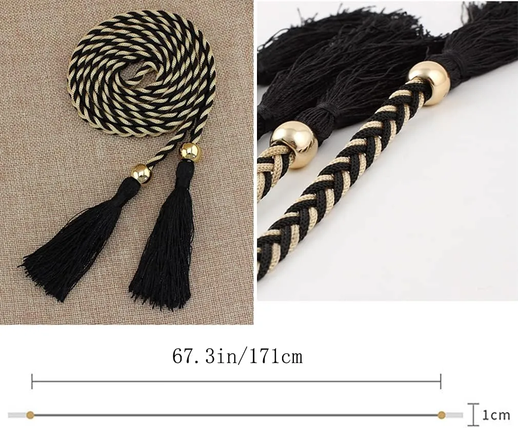 Women Girls Braided Knotted Waist Belt Skinny Mixed Color Rope Exotic Chain Tassel for Dress Skirt