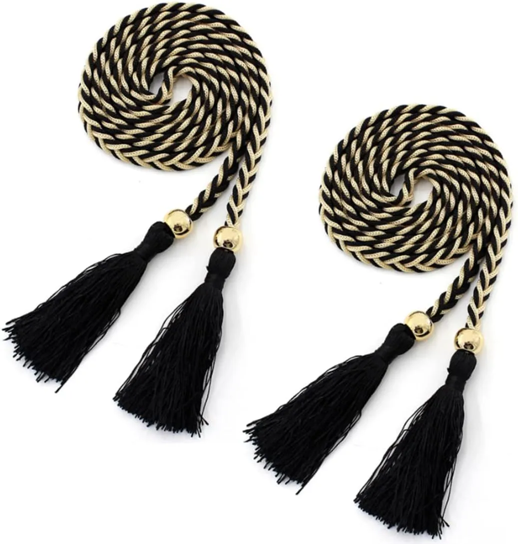 Women Girls Braided Knotted Waist Belt Skinny Mixed Color Rope Exotic Chain Tassel for Dress Skirt