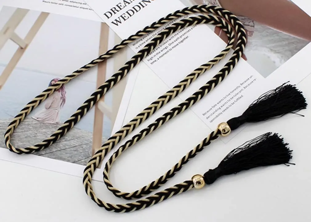 Women Girls Braided Knotted Waist Belt Skinny Mixed Color Rope Exotic Chain Tassel for Dress Skirt