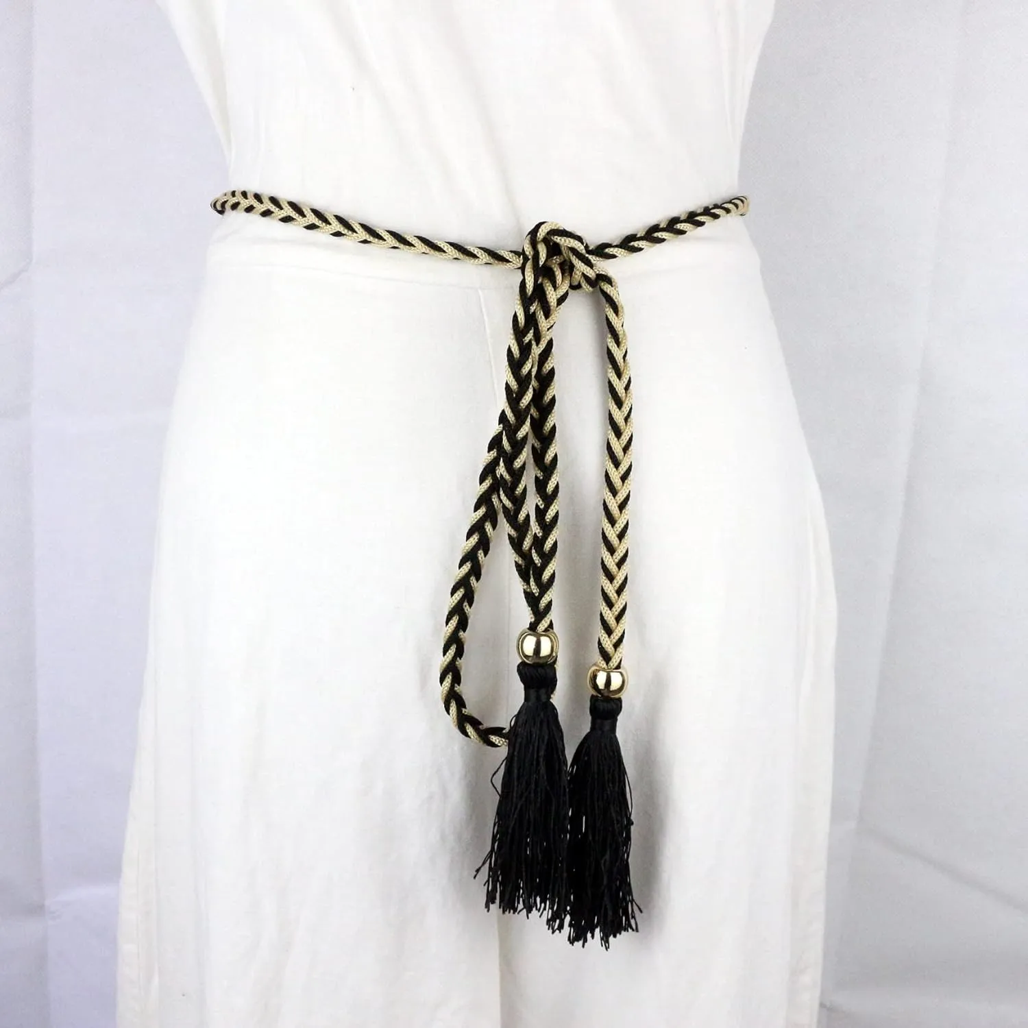 Women Girls Braided Knotted Waist Belt Skinny Mixed Color Rope Exotic Chain Tassel for Dress Skirt