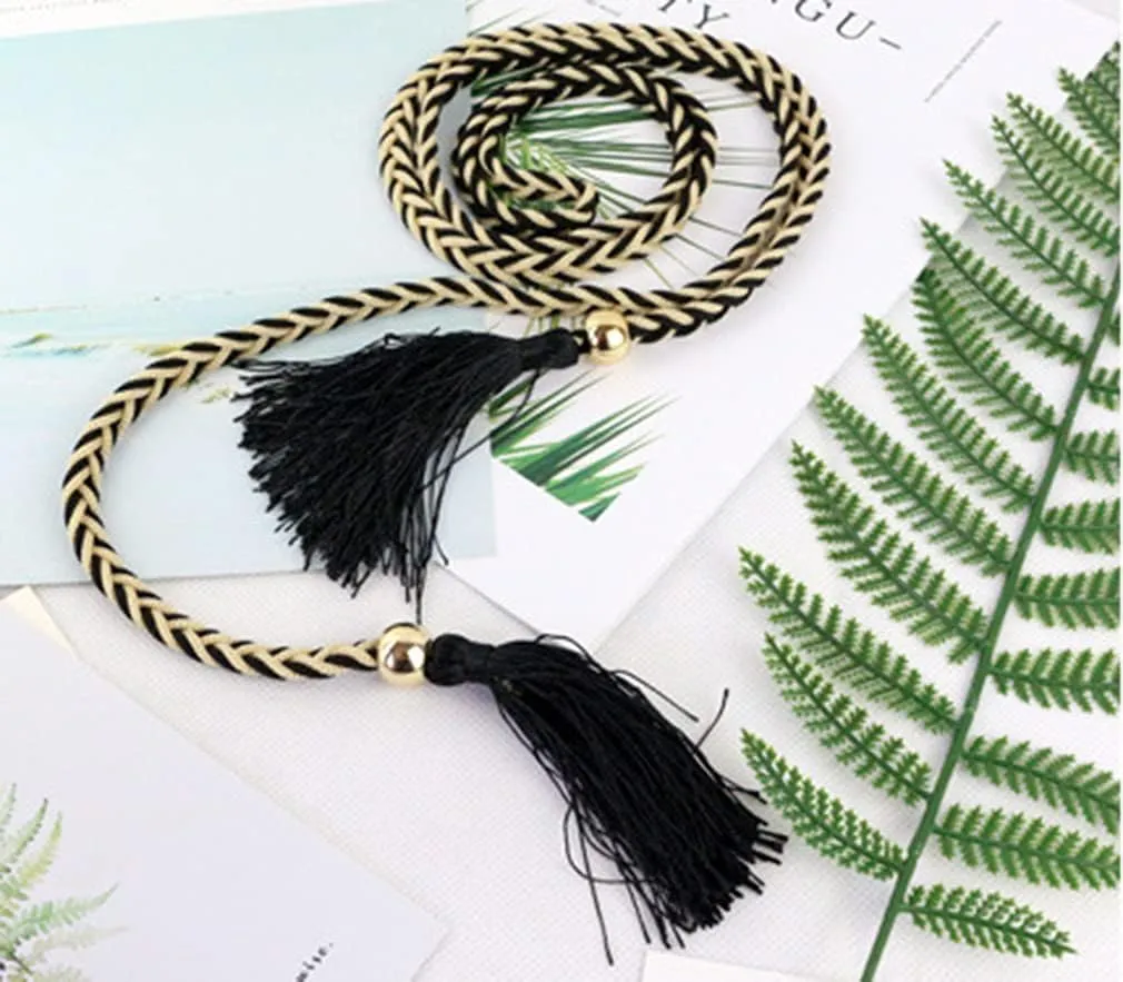Women Girls Braided Knotted Waist Belt Skinny Mixed Color Rope Exotic Chain Tassel for Dress Skirt